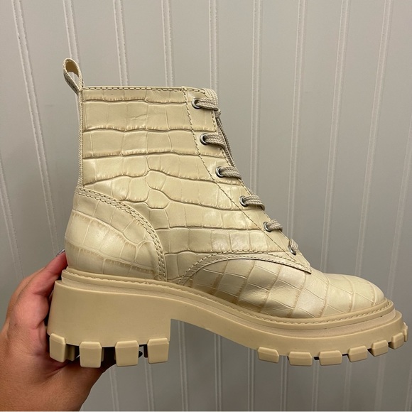 SCHUTZ Orly Croc-Embossed Egg Shell Leather Moto Lug Combat Boots Sz 8.5 - Picture 6 of 9